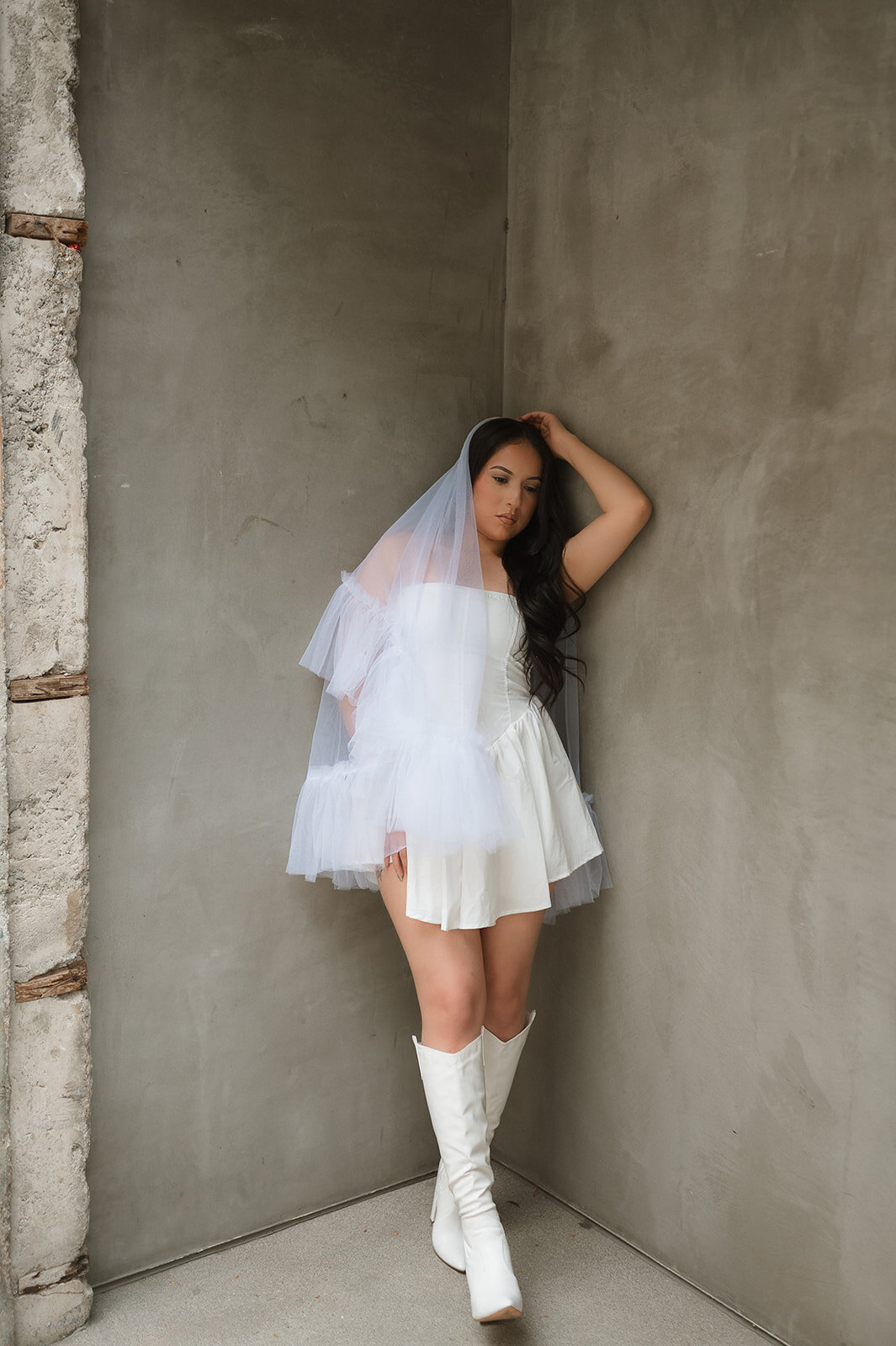 bridal photo with fun veil and short dress