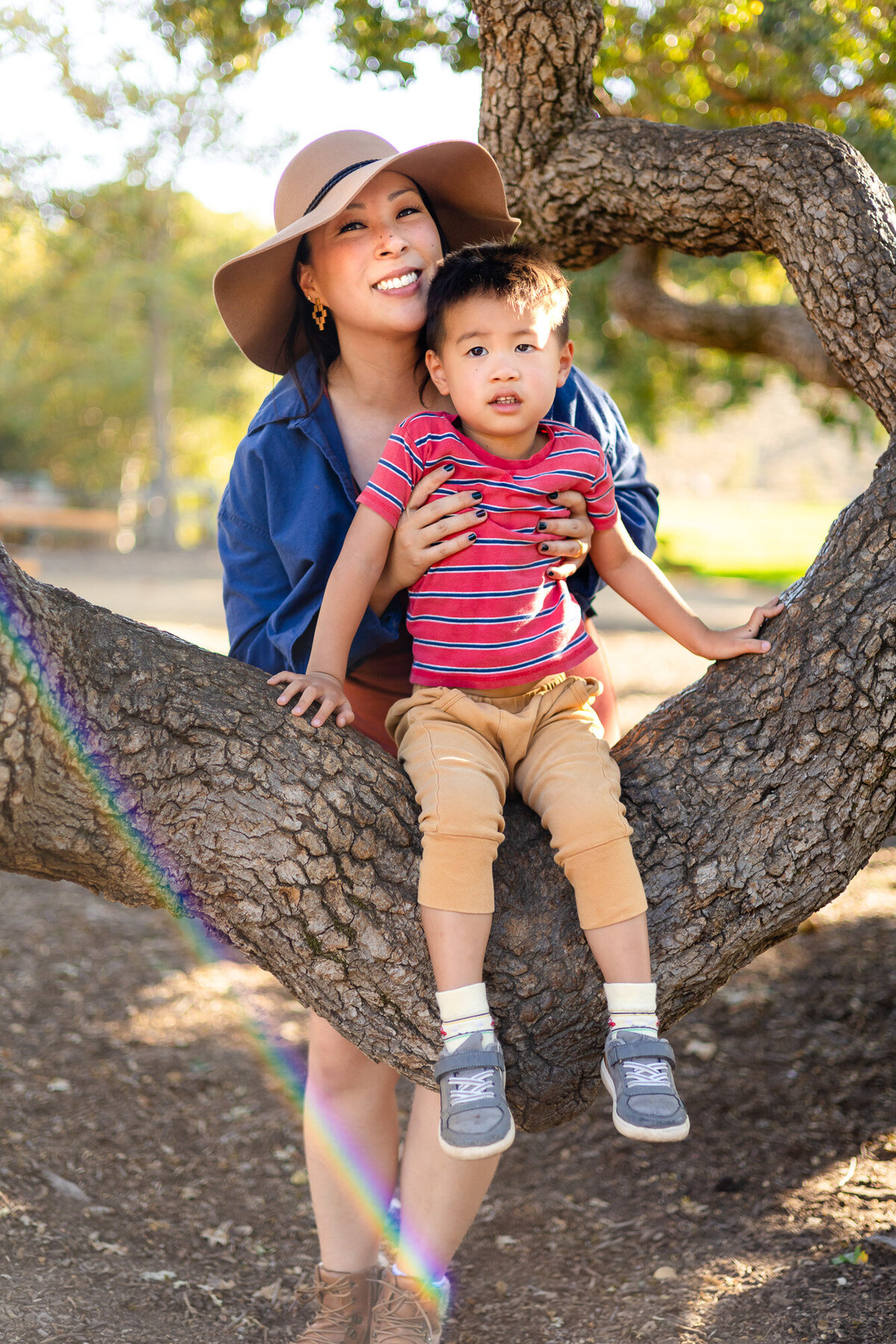 Bay Area Family Portfolio mother and son lifestyle photo on tree branch - Ellobelle Photography