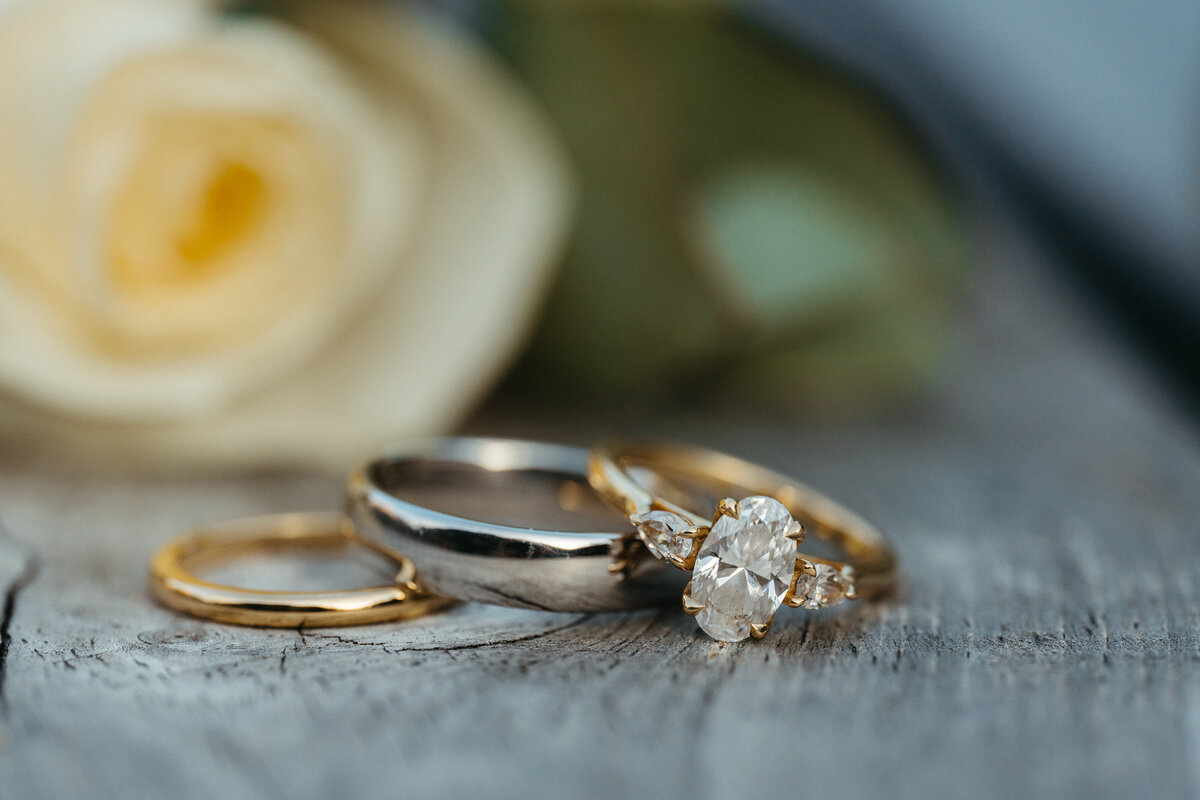 Close-up of gold and silver wedding rings on yellow rose
