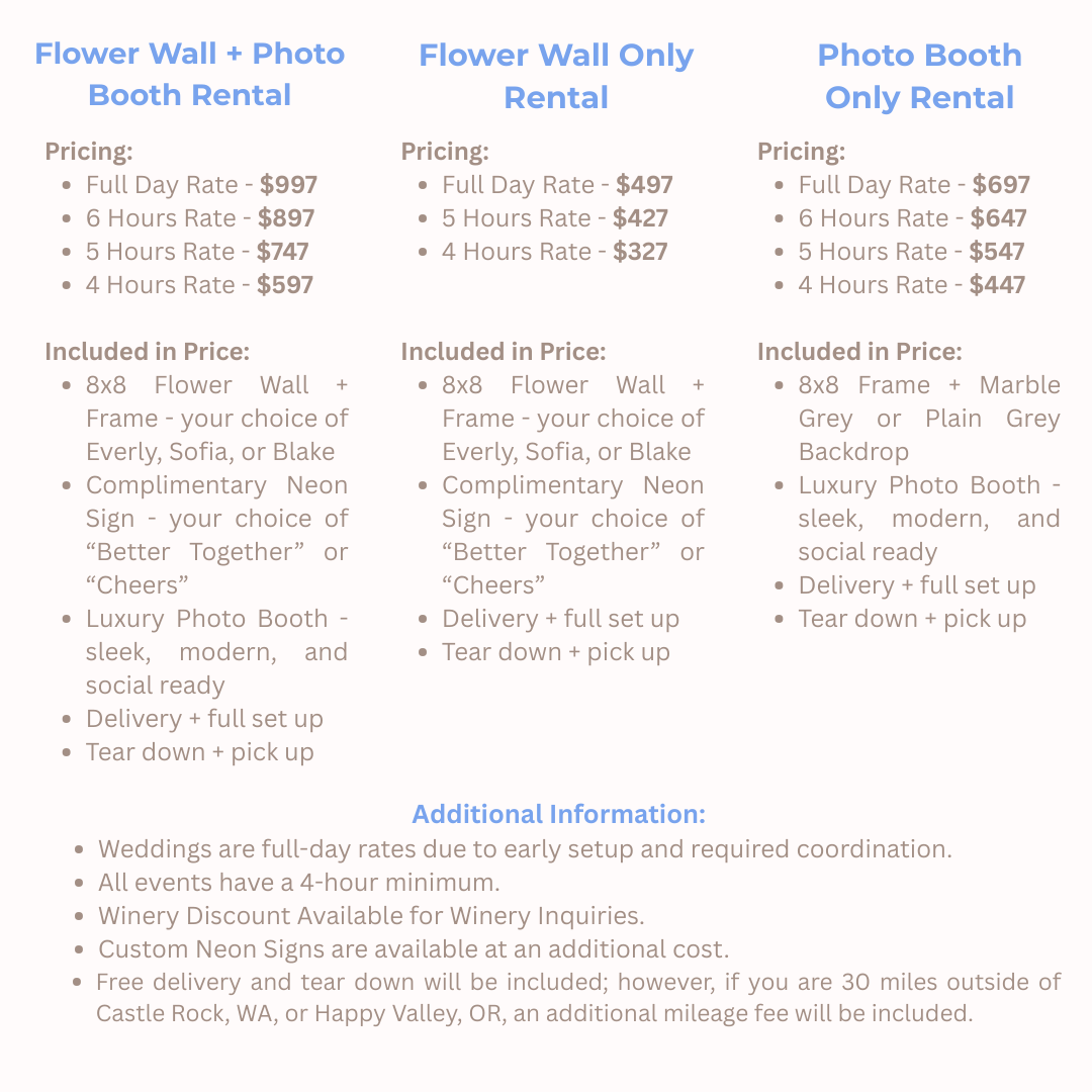 Oregon and Washington Photo Booth and flower wall rental, oregon bride, washington bride, oregon event rental, washington event rental, photo booths, flower walls