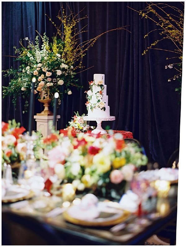 Fairmont Hotel Black Wedding Drape and Ornate Wedding Cake © Bonnie Sen Photography