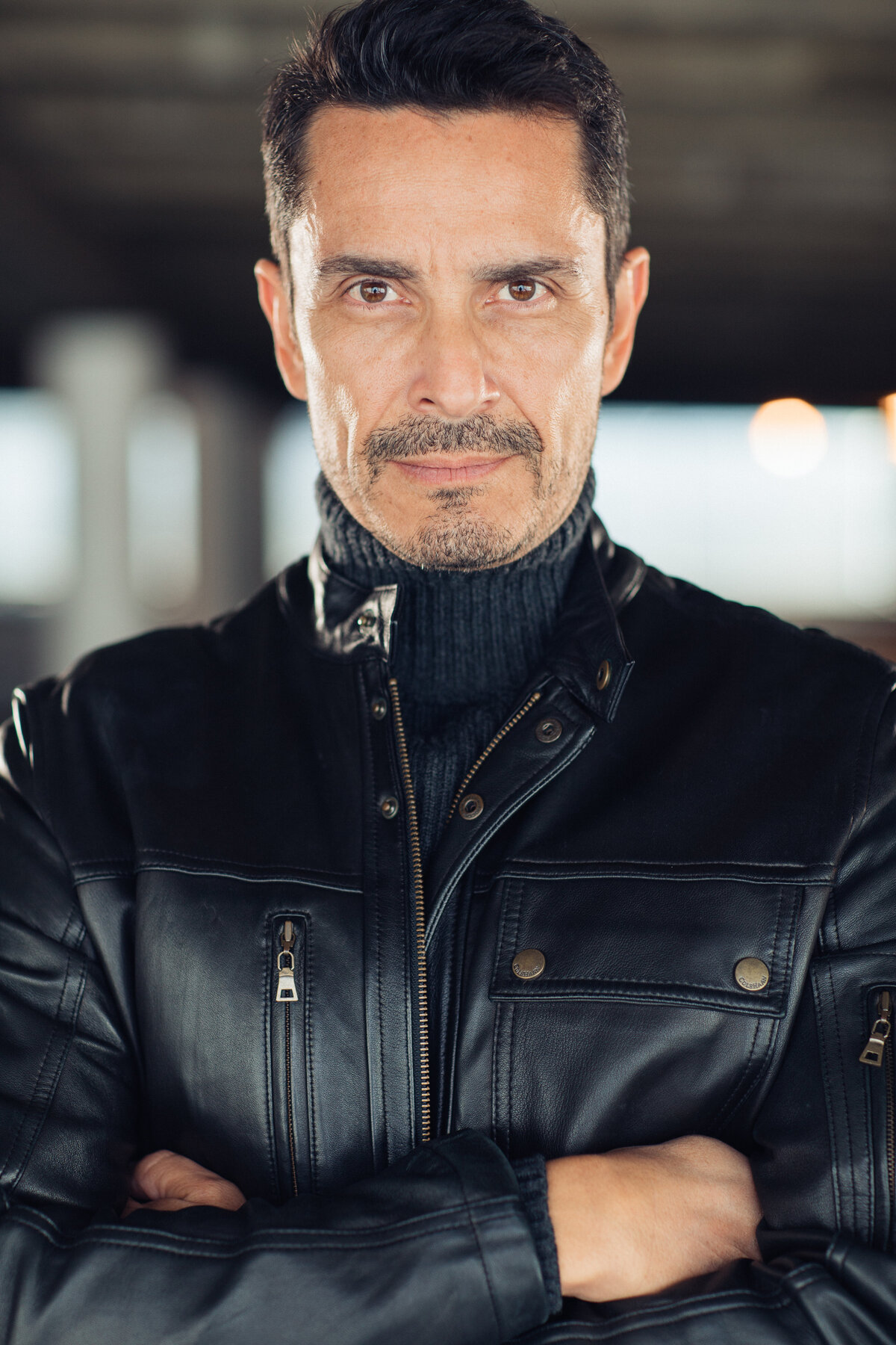 Man Wearing Black Leather Jacket with Inner Cotton Turtleneck Headshot in LA