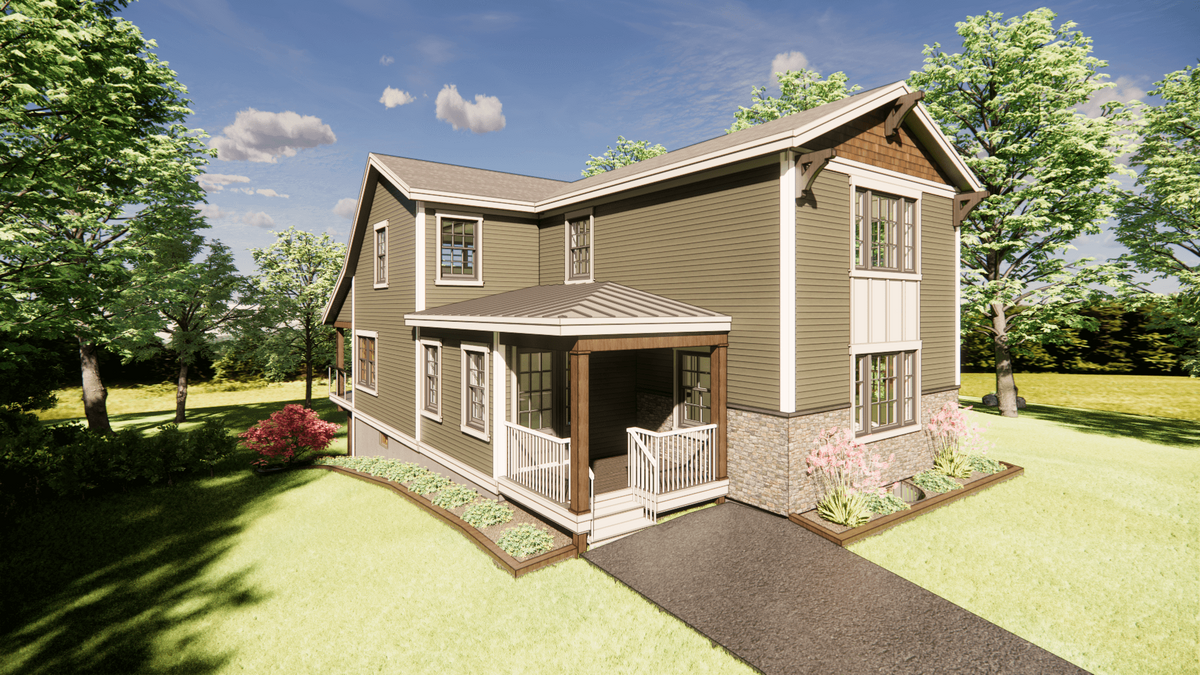 A two-story house with taupe siding, white trim, and a stone accent near the base. It features a small front porch and is surrounded by green grass, pink flowering bushes, and trees under a blue sky with clouds.