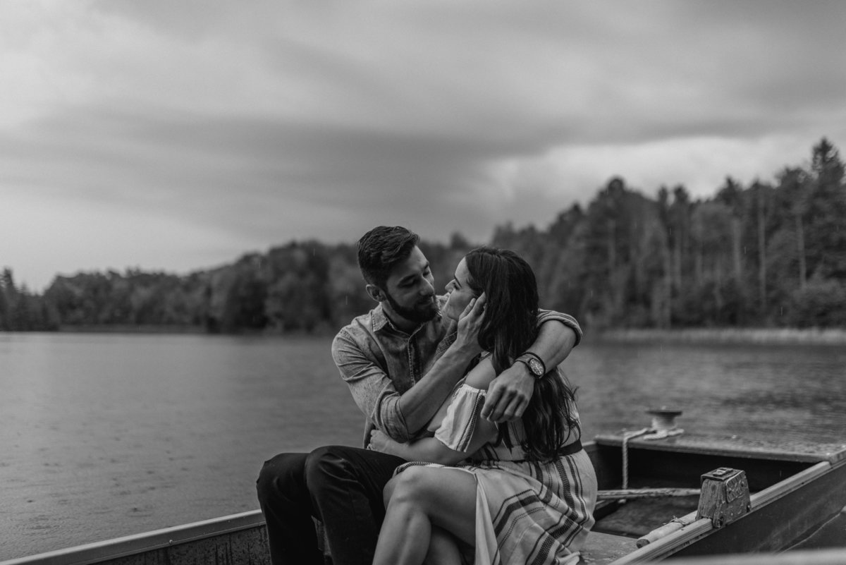 Intimate Engagement Romantic Stormy Engagement Session Rainy Pond Rowboat Kelly Green Summer night | Jacqueline James Photography