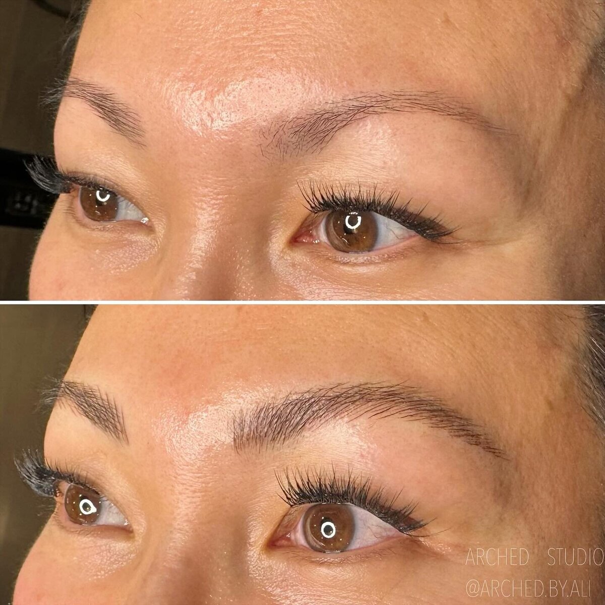Female enhanced eyebrows that look naturally fluffy, through nicroblading services at ARCHED Coastal in Gulf Shores, Alabama.
