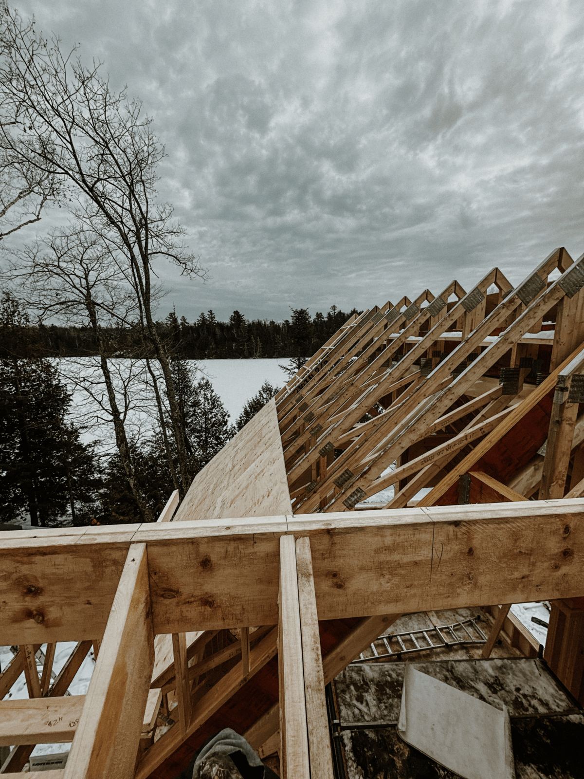 Timber frame lodge-style home in Haliburton Highlands featuring natural wood, high ceilings, and serene forest views.