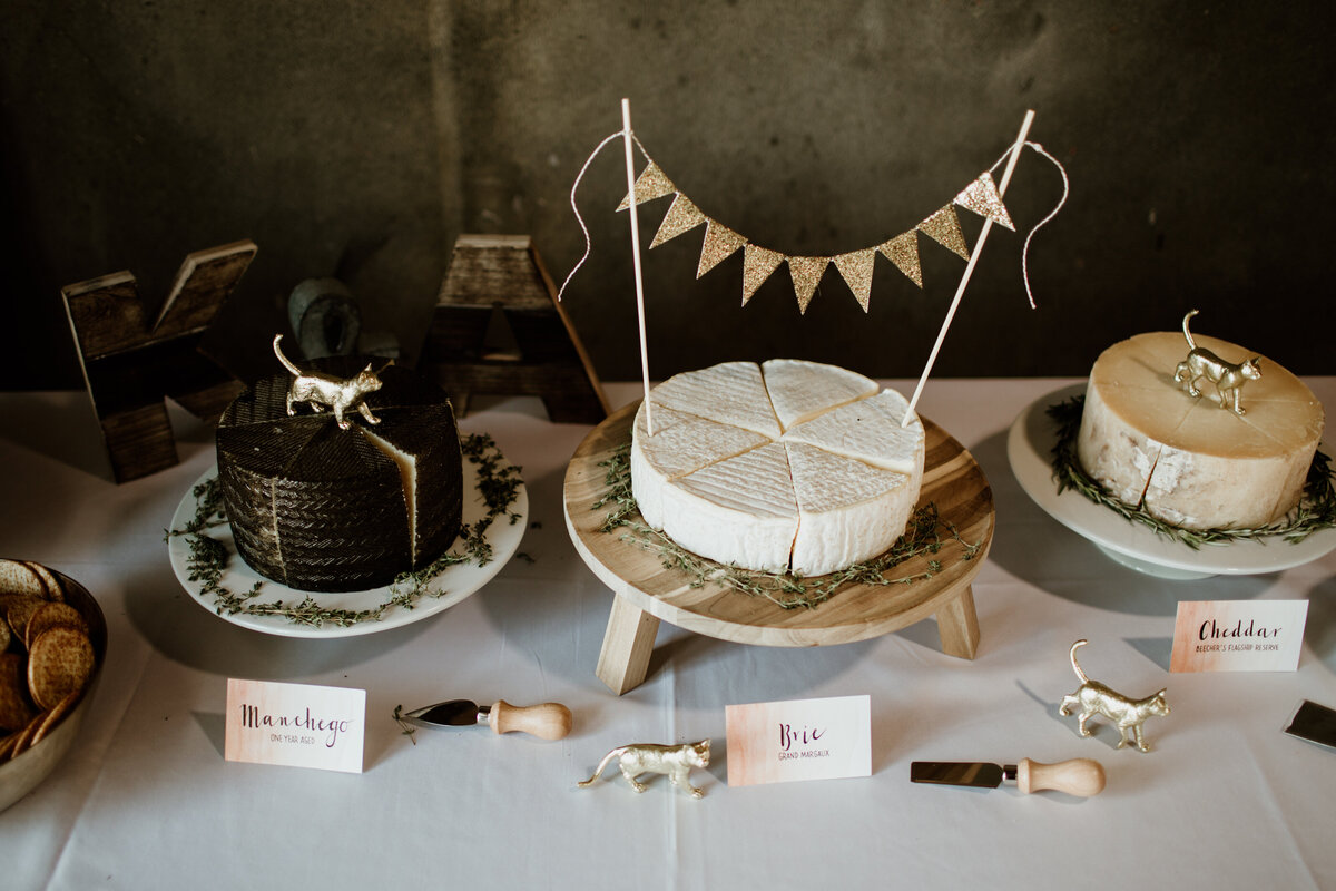 Wedding dessert table with cheese captured by Fort Worth wedding photographer, Megan Christine Studio