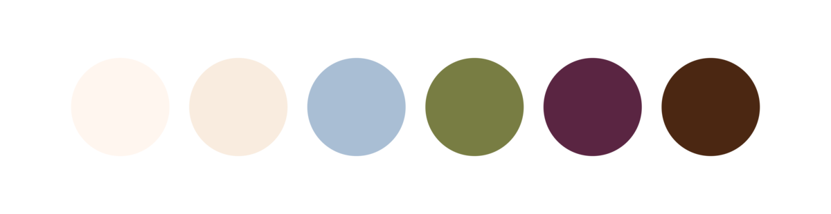 A professional image displaying the full brand color palette for Korianne Paints. The palette includes warm neutrals, a dusty blue, an olive green, and a rich plum purple, creating a cozy yet luxurious feel.