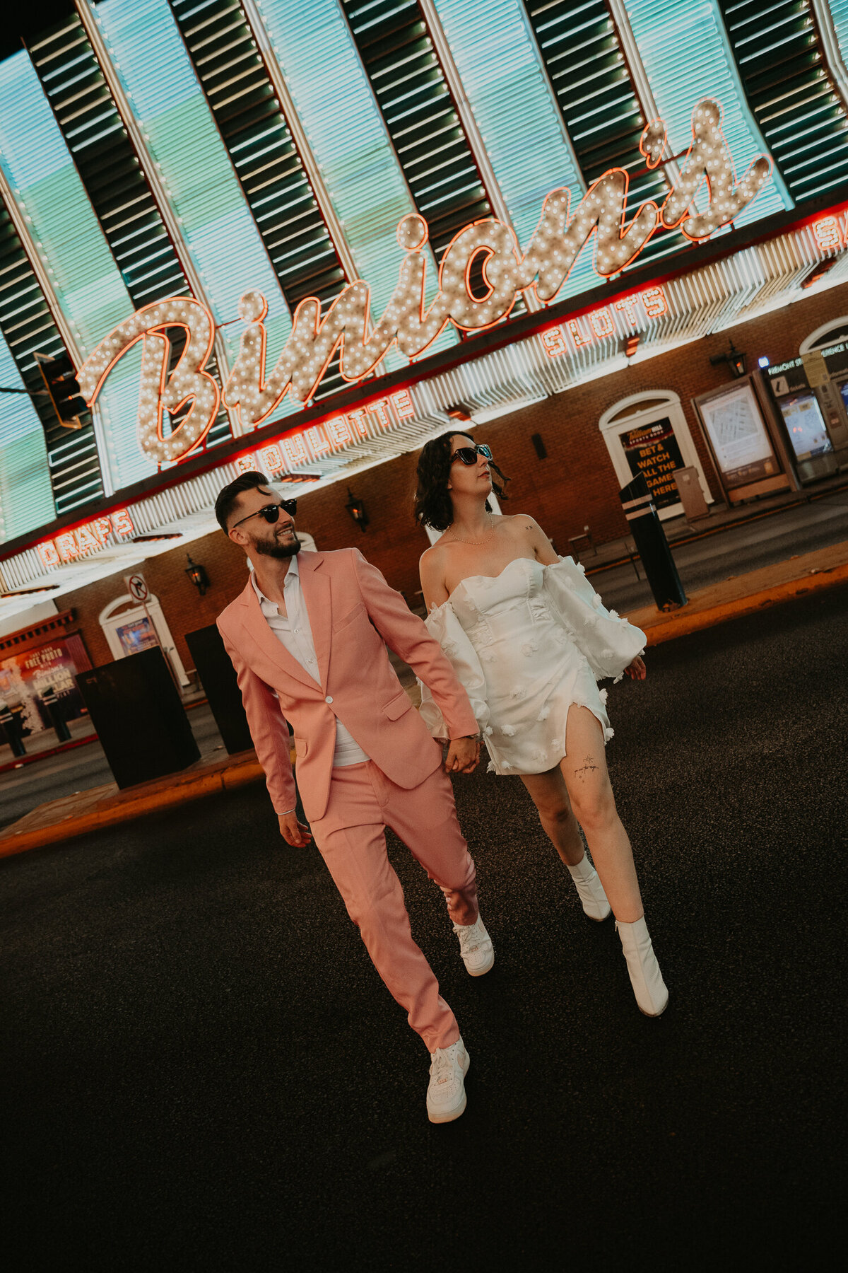 Bride and Groom in Fremont Street in Las Vegas