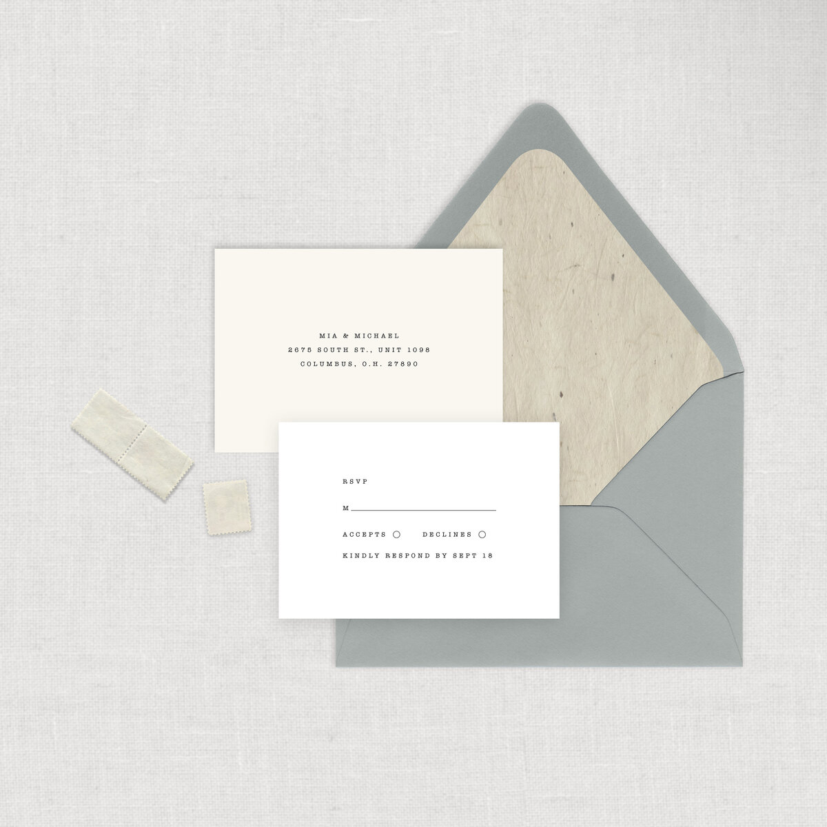 Typewriter wedding invitation suite is a simple wedding invitation with simple clean rsvp card and printed address rsvp envelope.