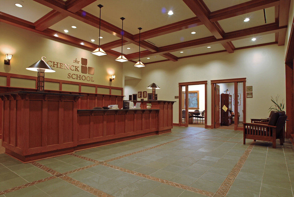interior view of the entry lobby and administration offices at Schenck School