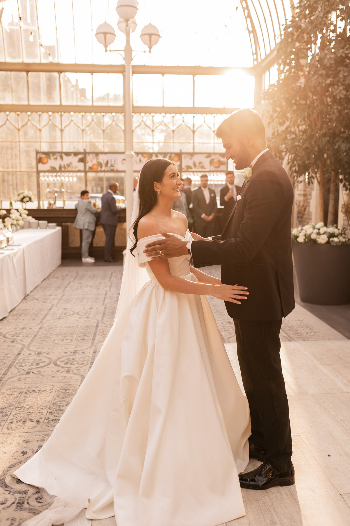 First dance during golden hour in the Orangery at Tortworth Court