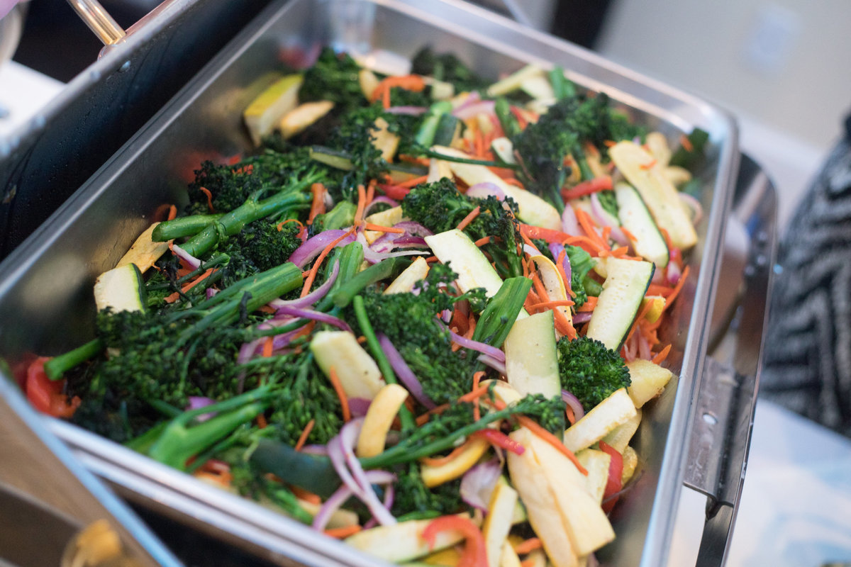 Fresh seasonal vegetables can include: squash, broccolini, red onion, carrots.