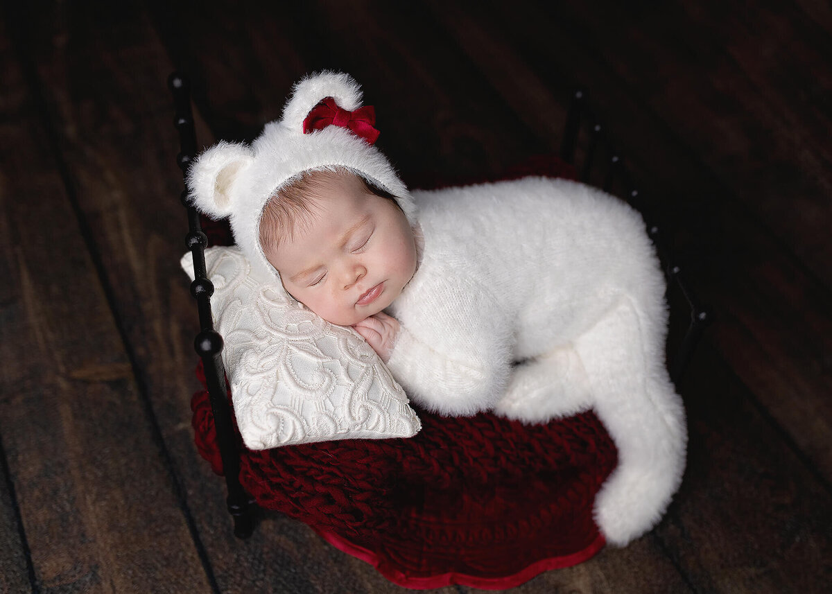 Jennifer Brandes Photography image of a baby girl posed on a newborn bed.
