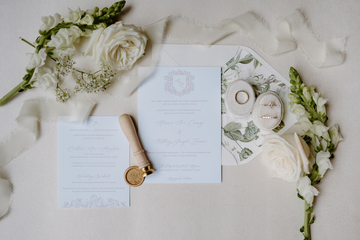 Luxury wedding day stationery suite with wax seal, florals, and custom invitation design.