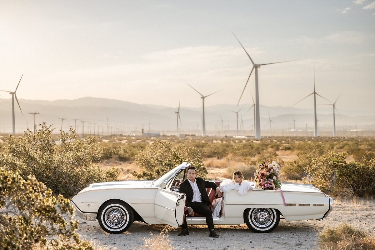 Wedding Photos at the Palm Springs Windmills with a Car