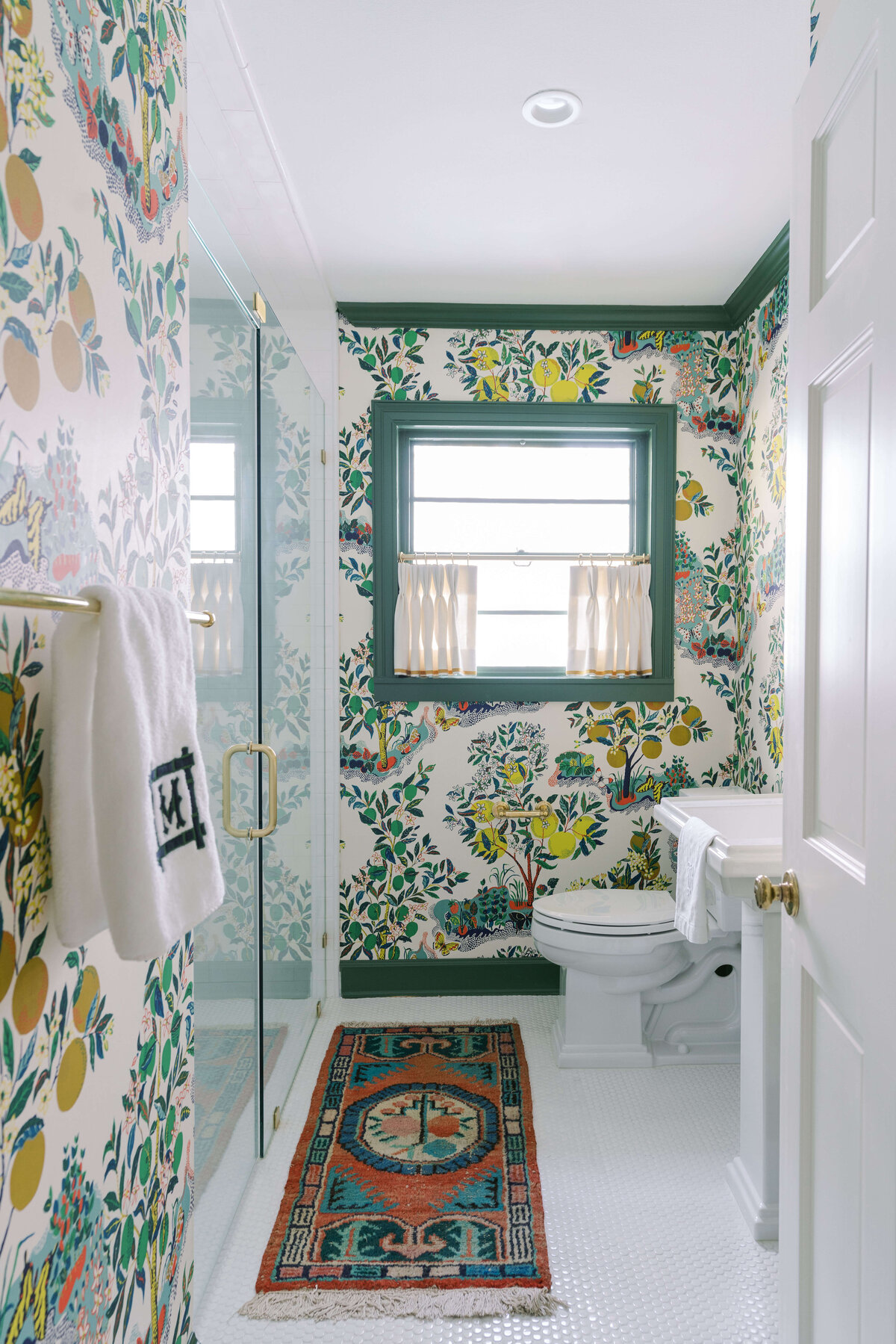 oyster creek studios happy valley bathroom with lemon wallpaper