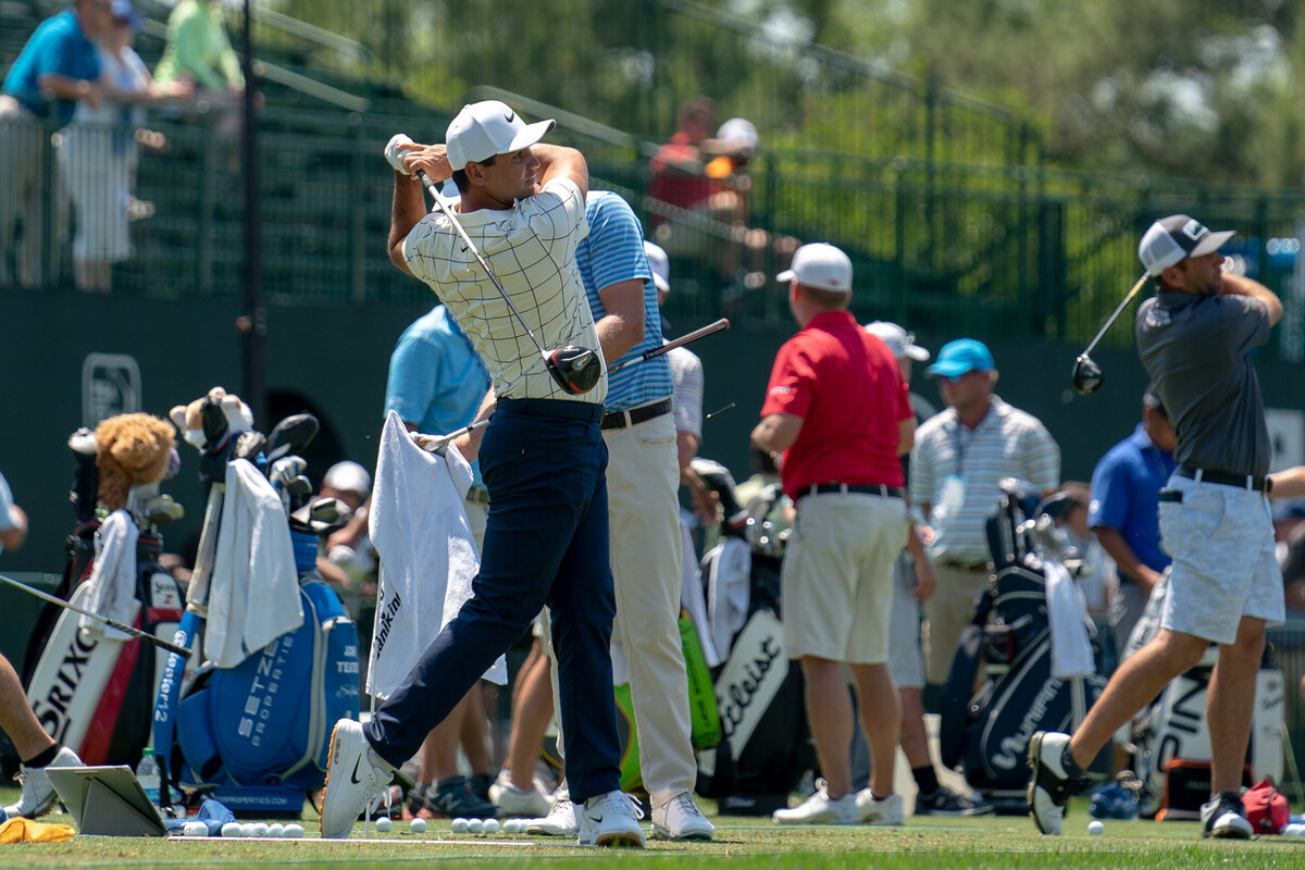 Golfer Jason Day wearing Nike swinging driver on driving range during practice round of 2019 Wells Fargo Championship in Charlotte, NC. 