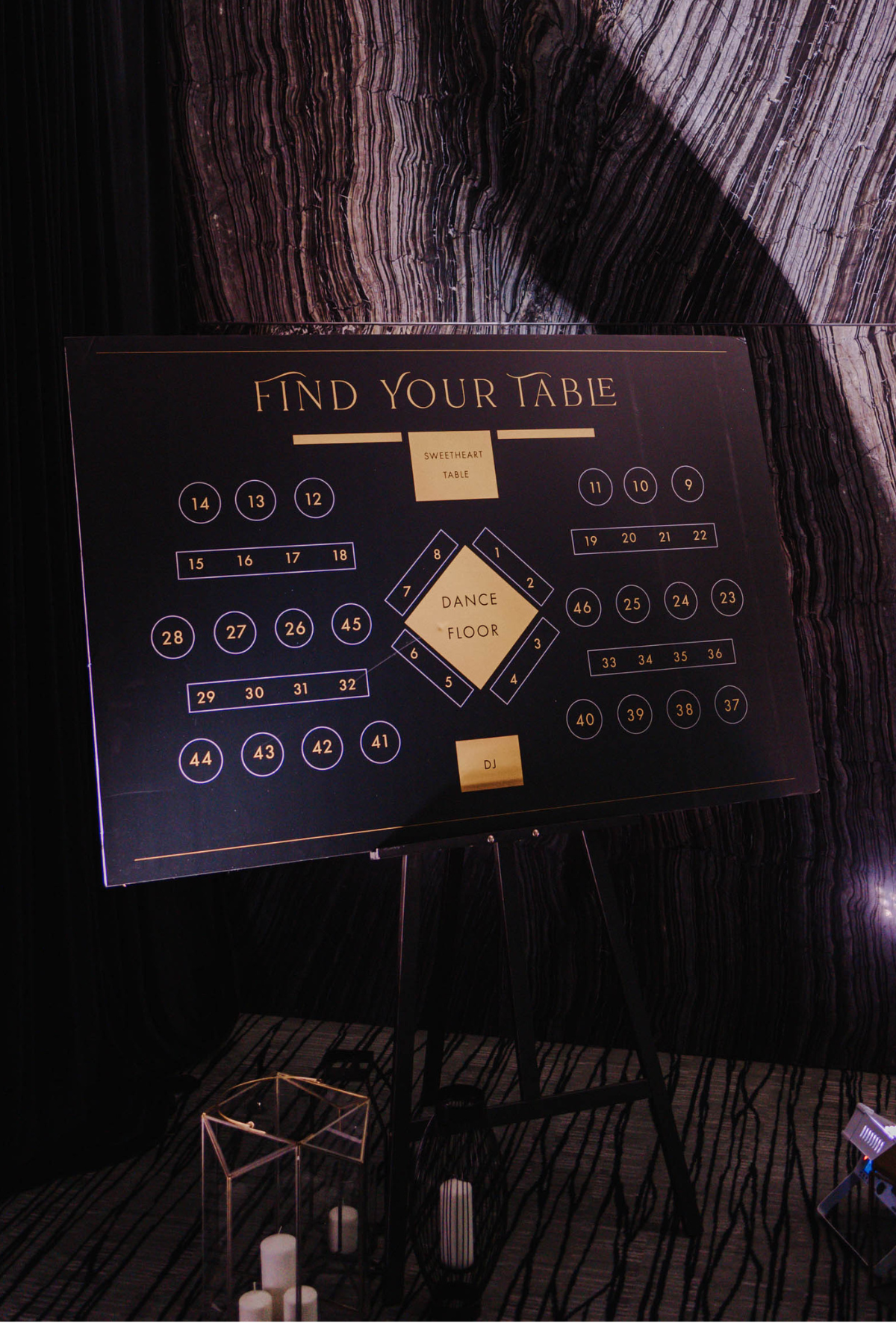 black-white-gold-wedding-reception-stationery-find-your-seat-chart