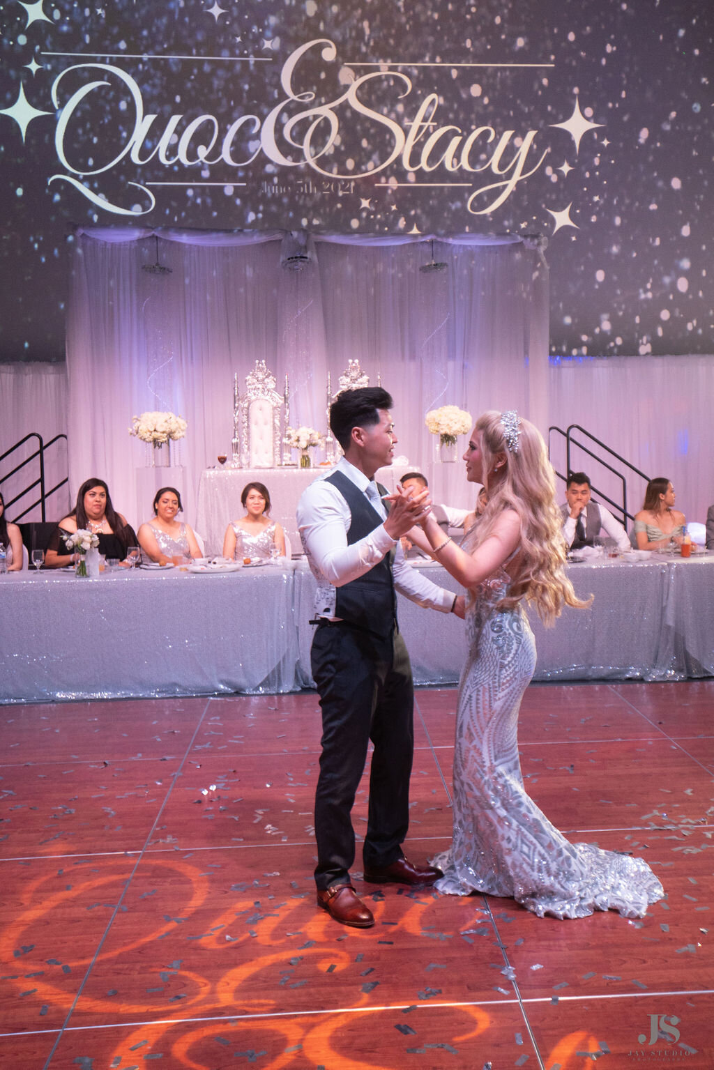 Bride and groom share a first dance at their reception.