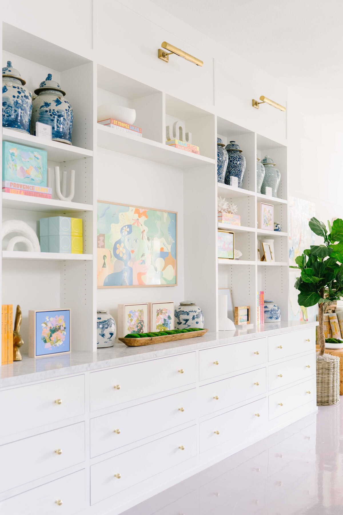 oyster creek studios office white console painting styling