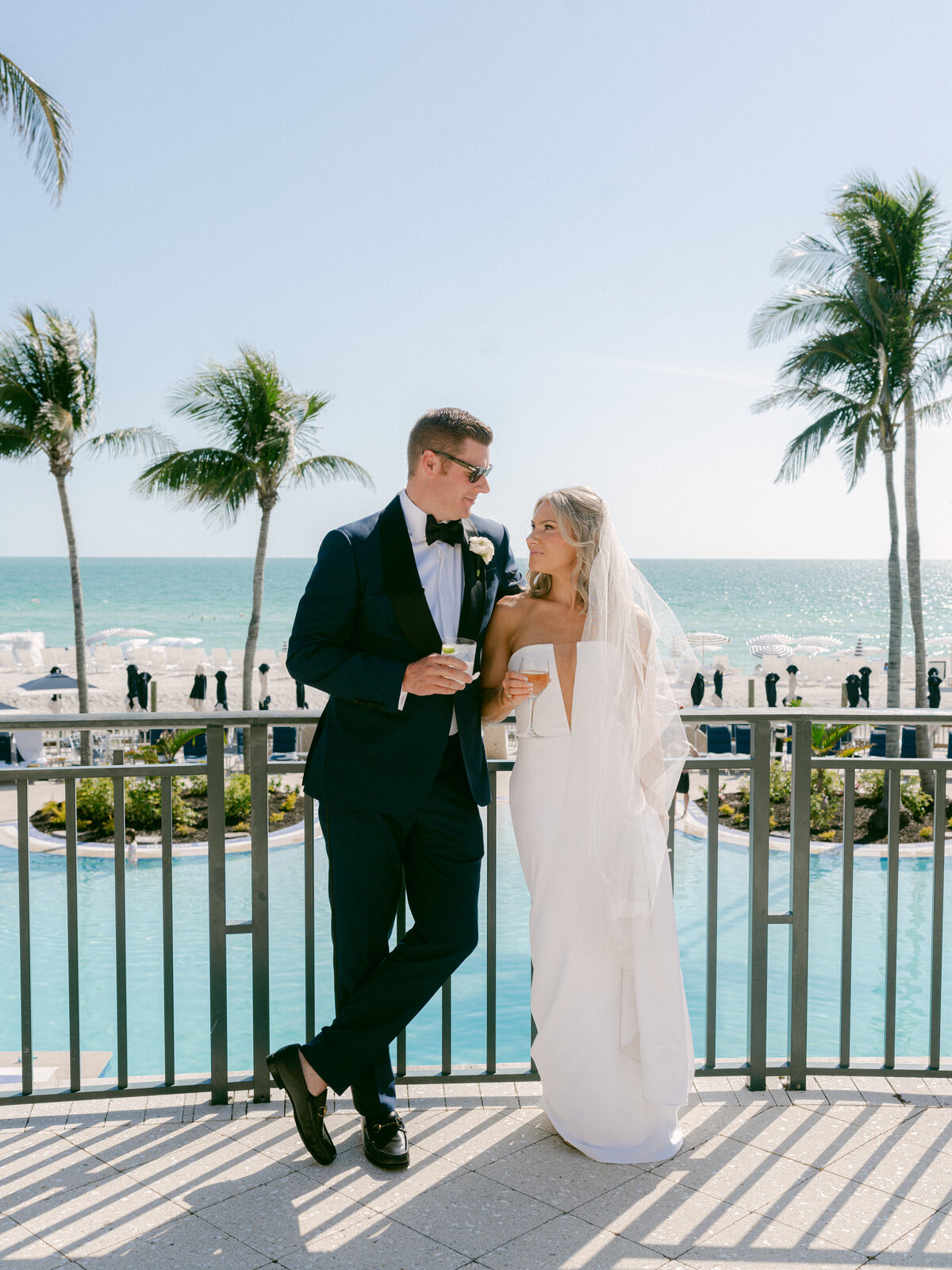 Bride and groom photo in front of Lido Beach