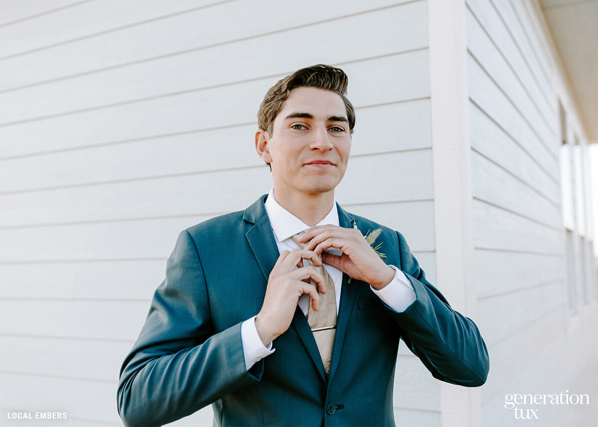 Slate Blue Notch Lapel Suit Champagne Tie_Credit + Logo
