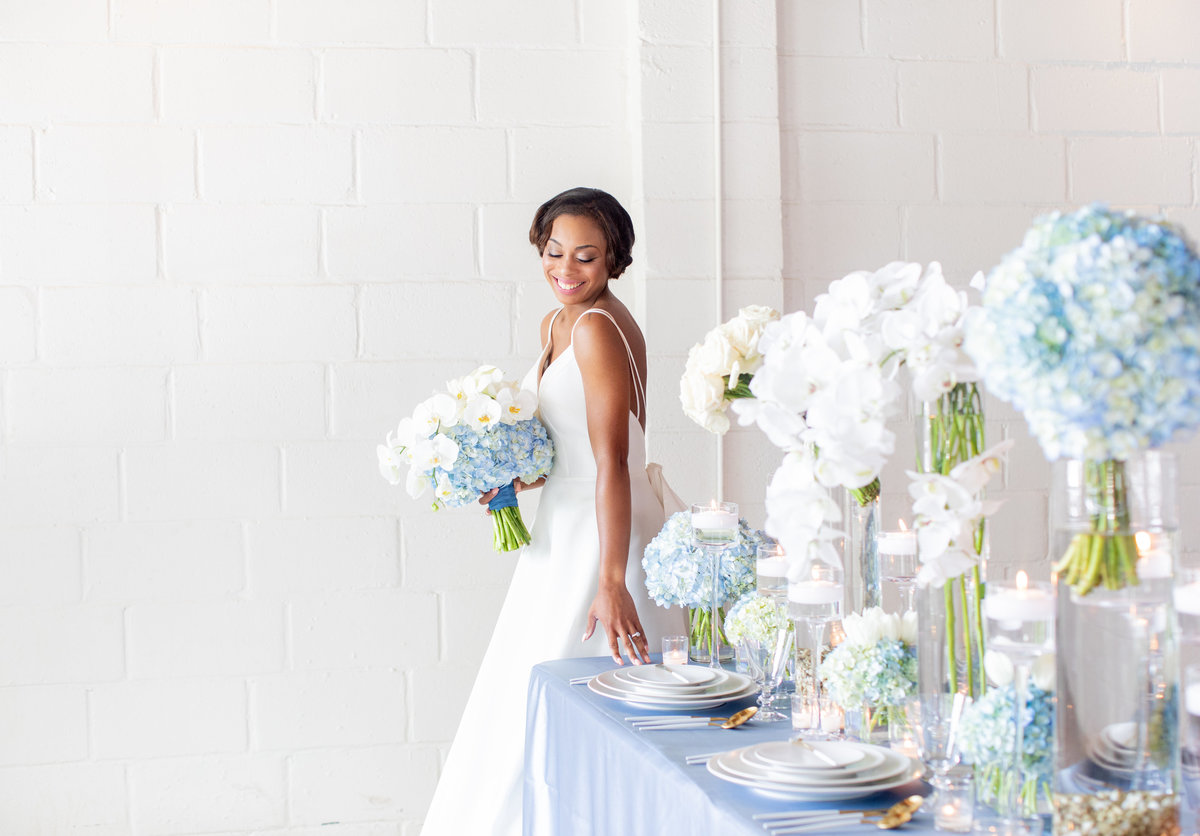 Modern flower arrangement white and blue