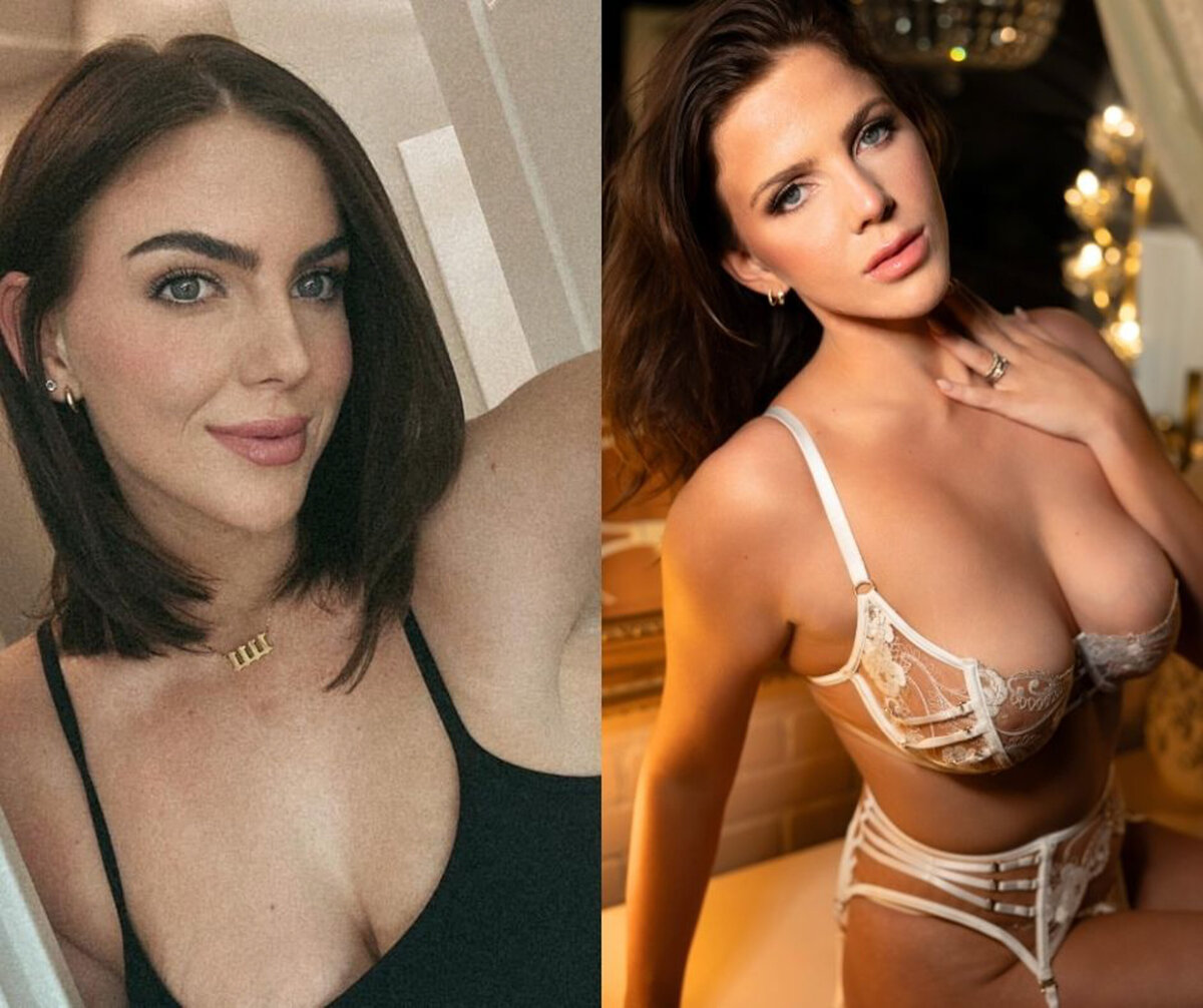 Before and after images captured by a DC boudoir photographer of a woman in a black top next to her in white lingerie in full hair and makeup