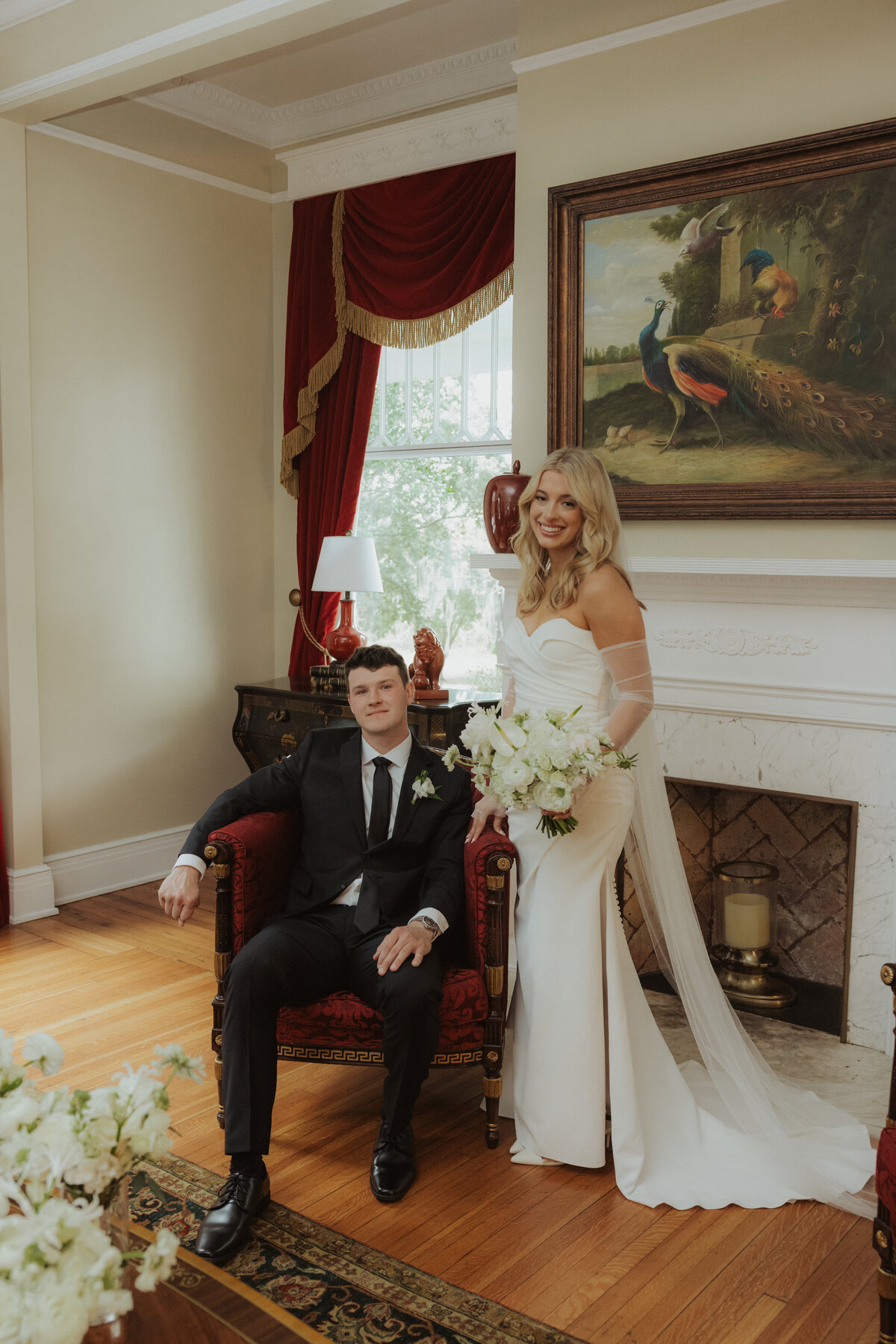 elegant portrait of bride and groom at the admiral's house in charleston
