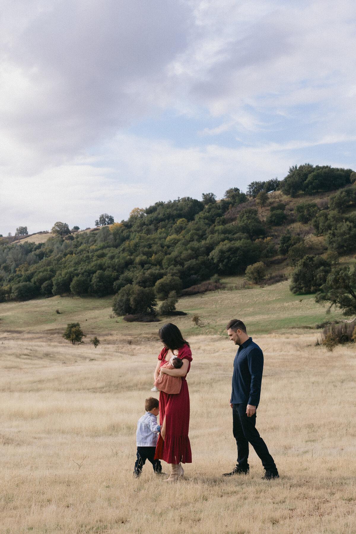 A family walking through an open field, embracing natural light and emotion in a fine art wedding photography style.