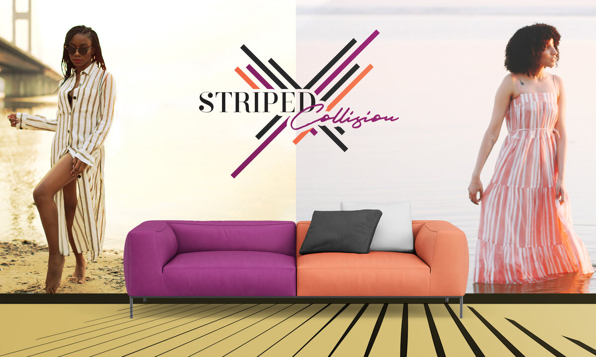 Wall with couch and models wearing striped clothing