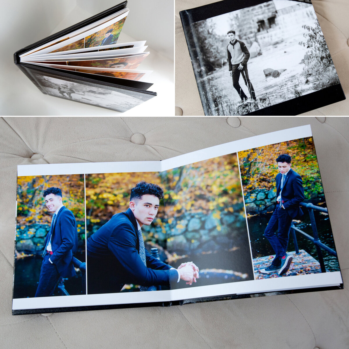 A layflat album showing an open spread of a high school senior boy wearing a suit outside, an image of the front of the album, and an image from the top of the album showing the rigid pages designed by a South Shore MA senior photographer