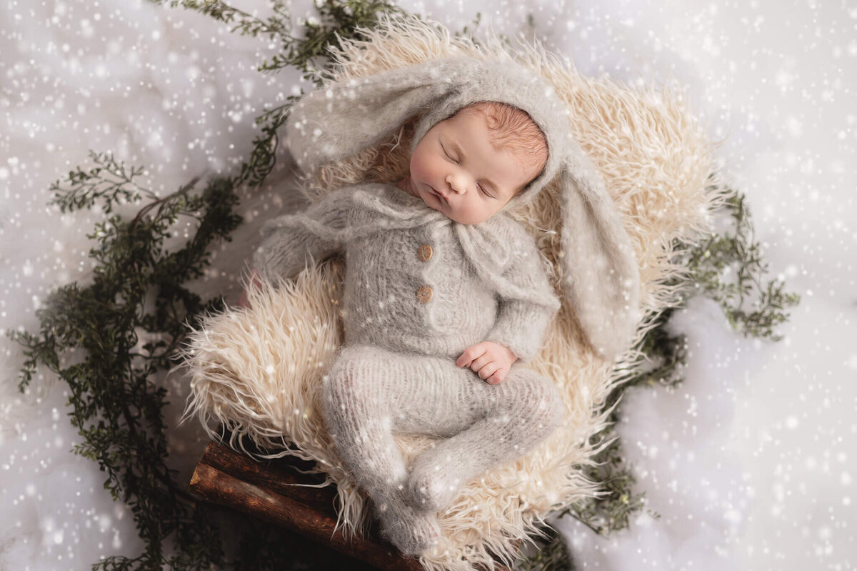 Baby girl dressed as a bunny on a log in a winter scene.