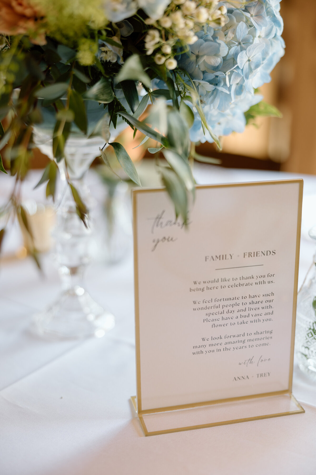 Thank you notes placed at all tables for guests to read at reception