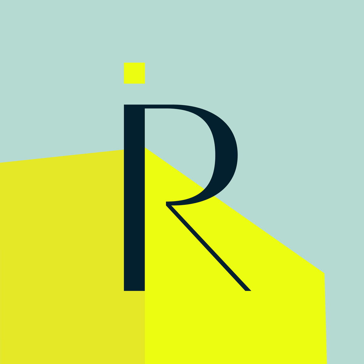 Reign custom R monogram with neon accent for branding project, overllaid on bold graphic block colours.