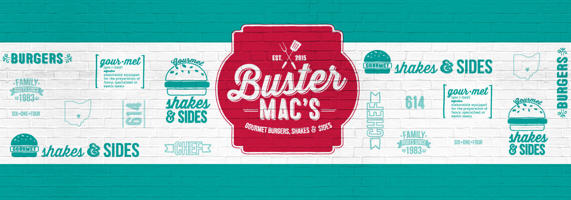 red & teal logo and brand design for Columbus, OH based burger food truck, Buster Mac's