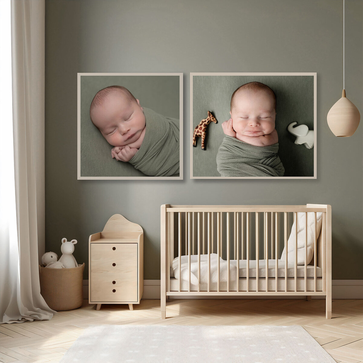 Two newborn portrait canvases hang on a nursery wall above a crib