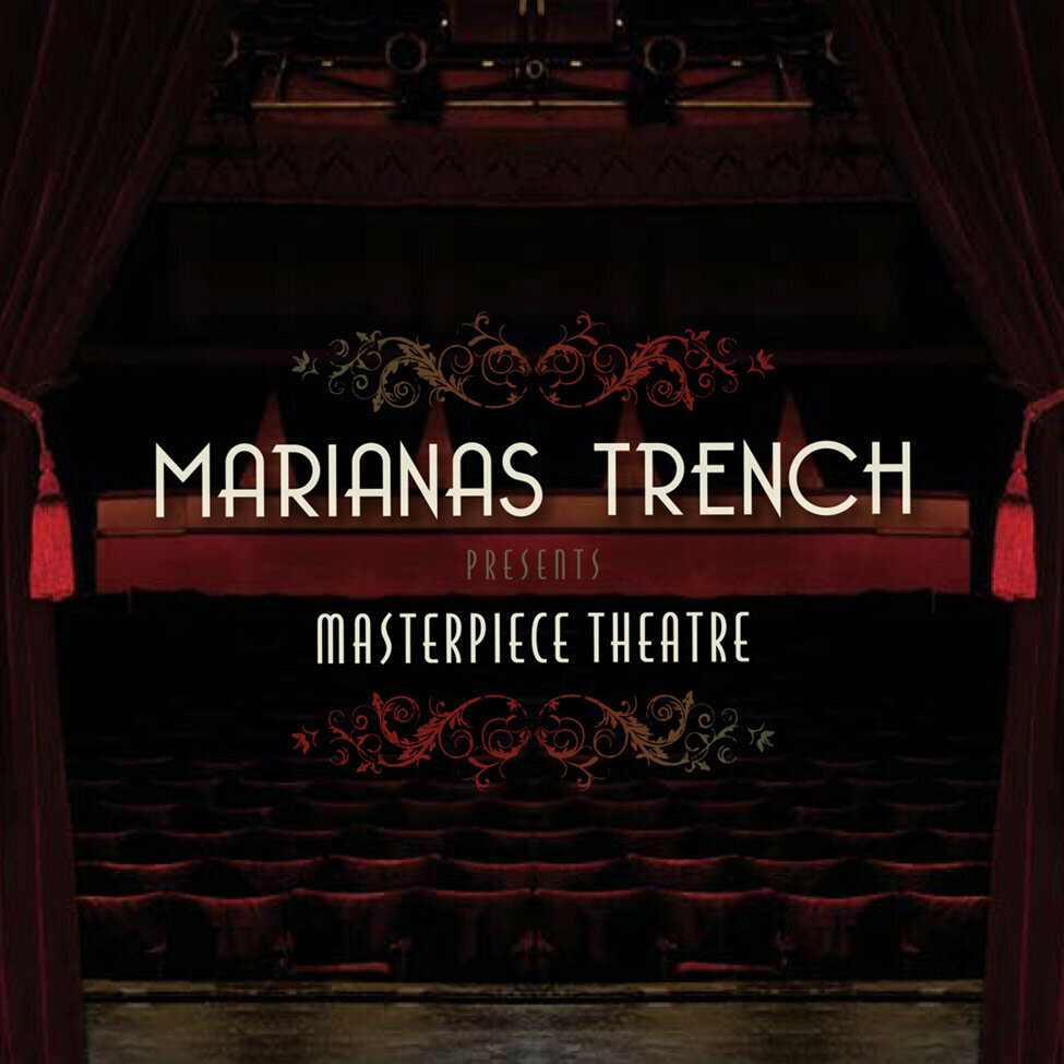 Album Cover Title Masterpiece Theater Band Marianas Trench stage view of empty theater seats red curtains at sides of frame