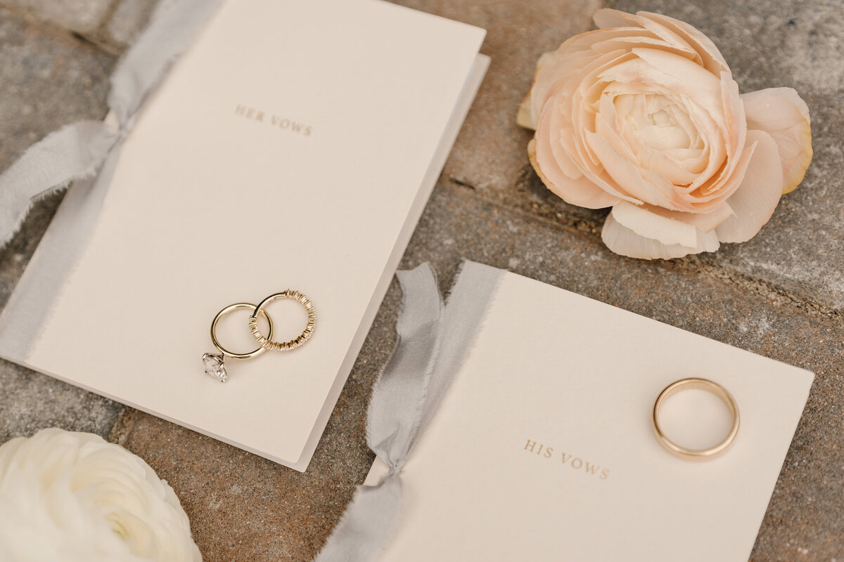 vow books with rings and flowers