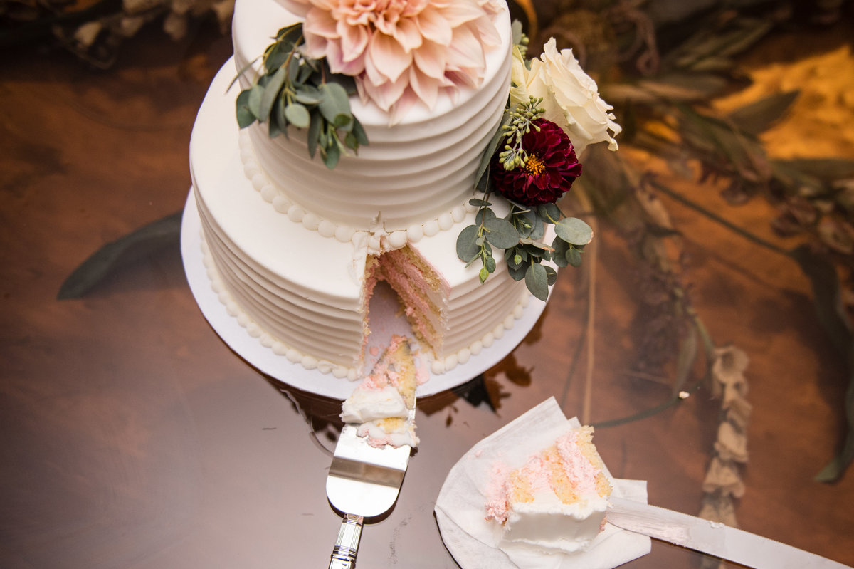 cake with slice removed shot from above rich fall colors