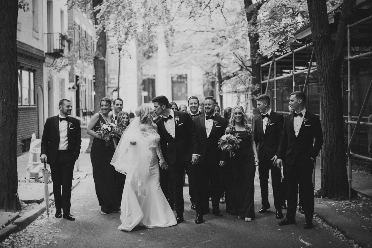 bridal party walking down street