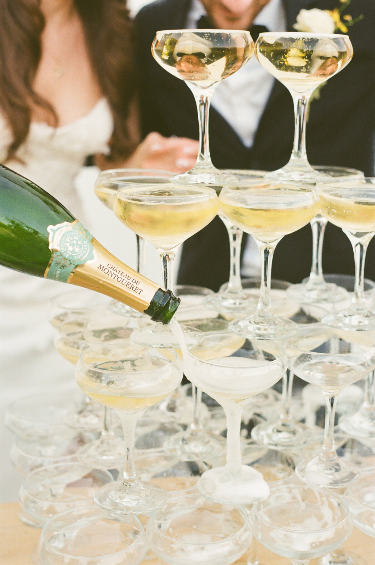 Grainy image of a champagne tower shot on 35mm film