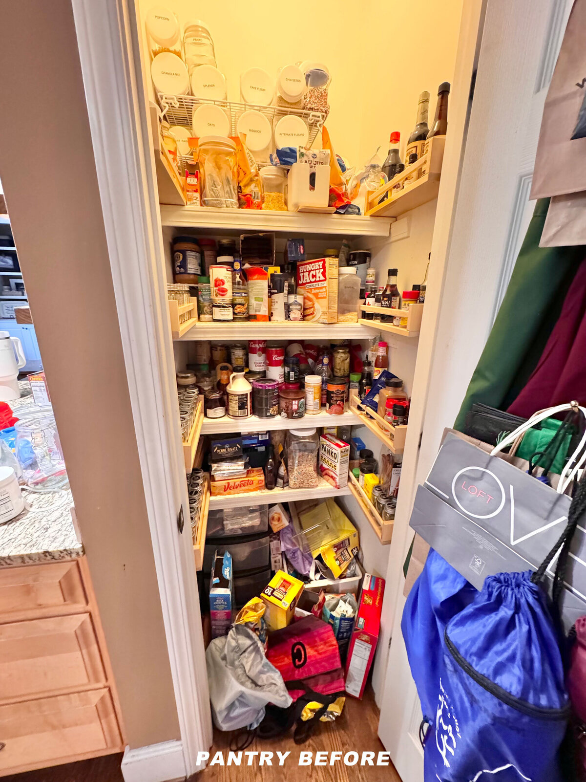A cluttered pantry with shelves filled with various food items, jars, and boxes. The floor has bags and scattered items. Text at the bottom reads "PANTRY BEFORE.