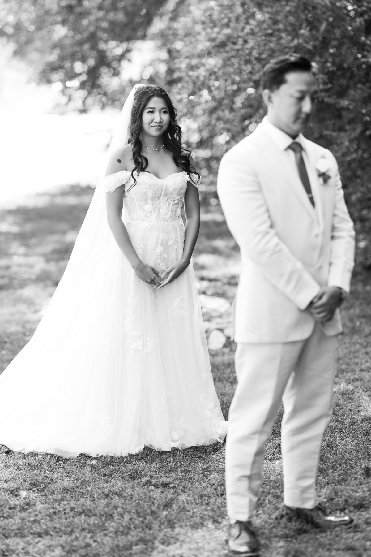 First look with bride & groom right before the groom sees the bride at Barn South, Pendergrass GA 
