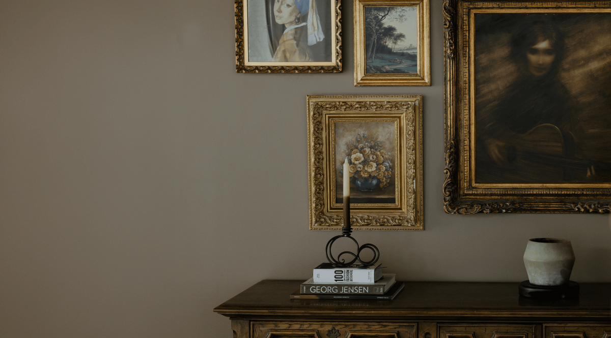 Photo studio wall with vintage art on the wall. 