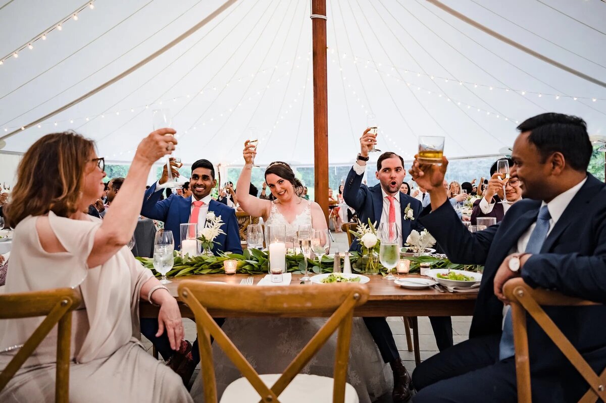A vibrant wedding reception scene with guests raising toasts around a table, the bride and groom smiling at the center.