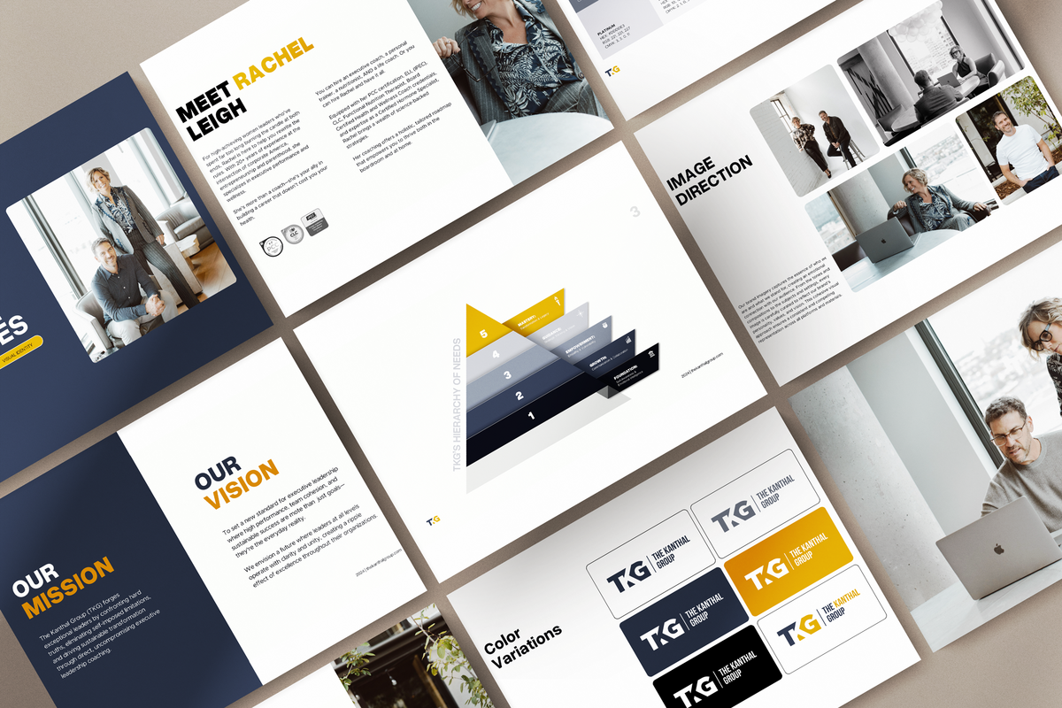 Mockup showcasing a brand identity design in blue, white and gold for an executive coaching firm on a dark grey background.