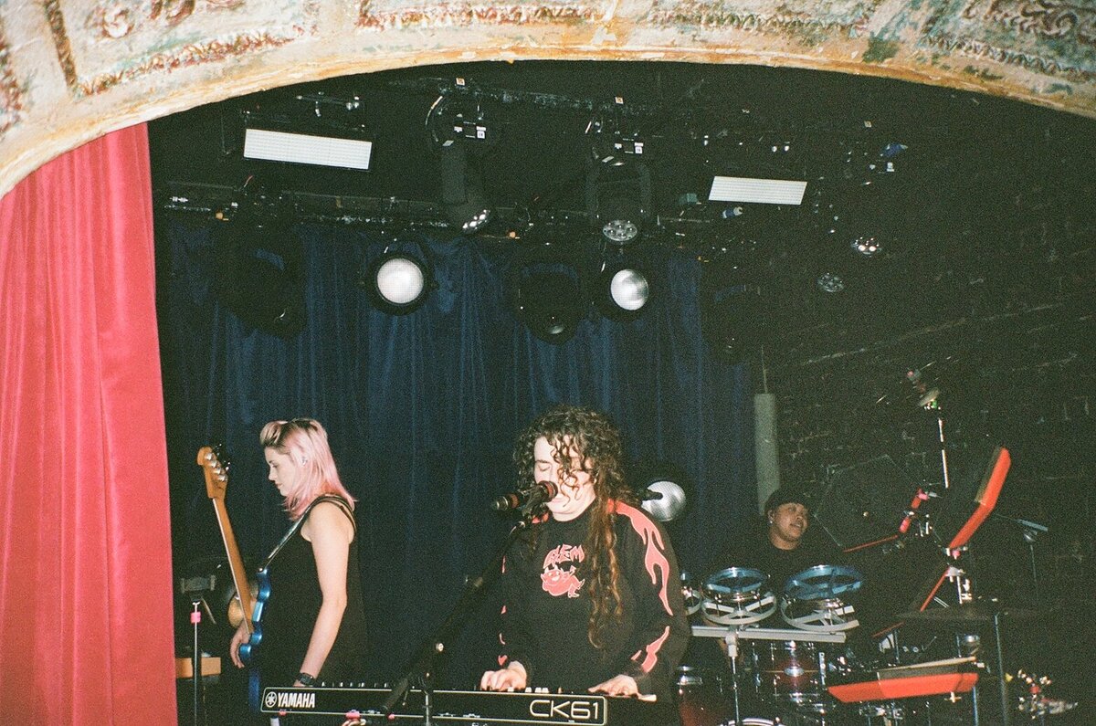 Concert scene captured with flash on analog film by Kate Winters Photography, highlighting the dynamic energy and vibrant atmosphere in an authentic, documentary style.