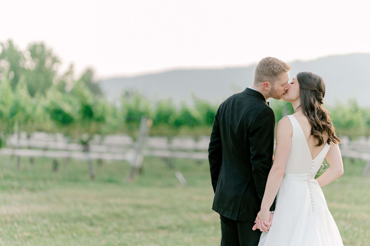Couple romantically  holding hands kissing in a vineyard